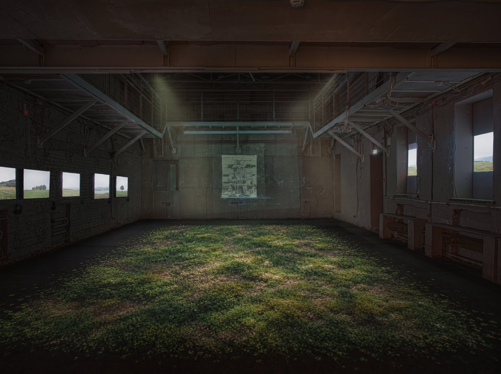 Field of grass inside a workshop hall with a screen on the far wall