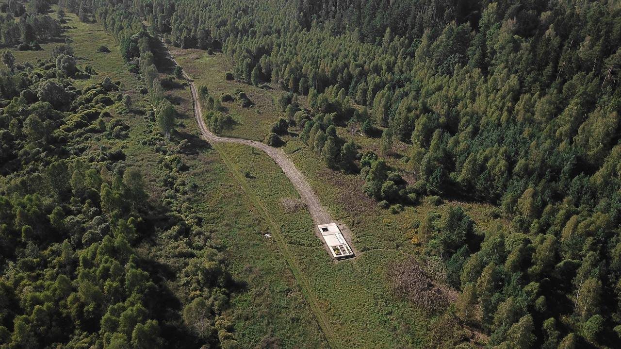 Pavilion and path through the field, aerial view