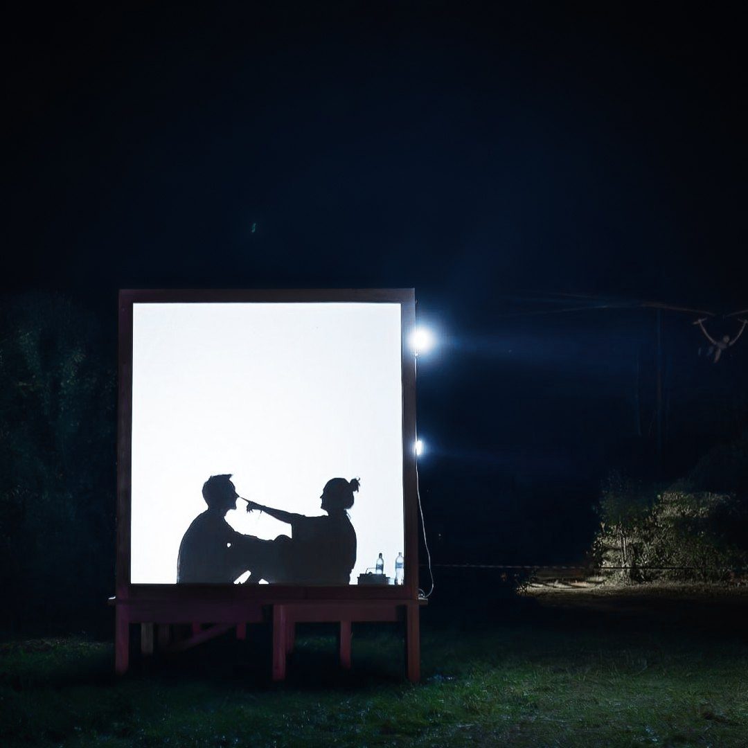 Shadows of two people on the lit screen at night
