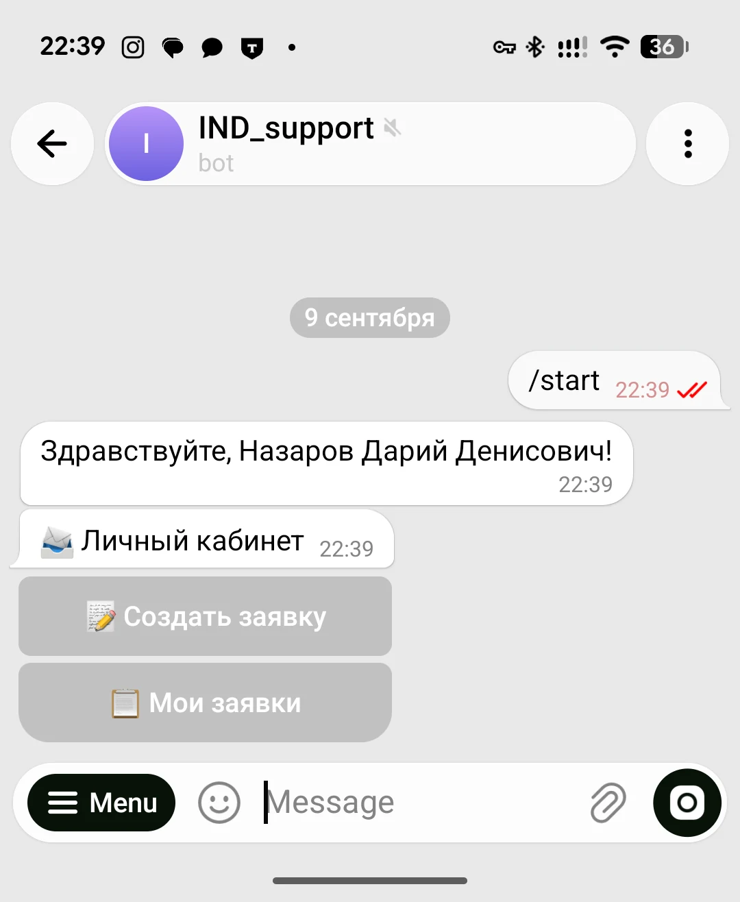 Старый бот: меню из двух кнопок после запуска